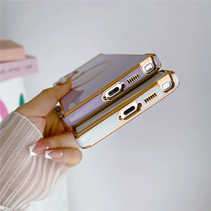 For Samsung Galaxy S25 Ultra Case Compatible with MagSafe Rose Flower Electroplated TPU Phone Cover - Ivory White