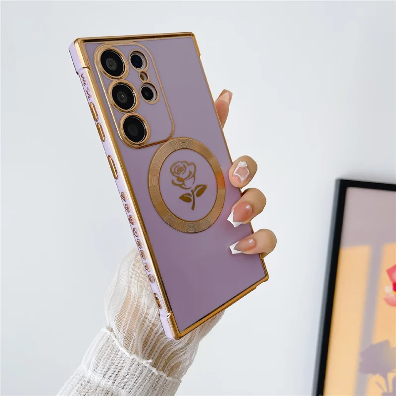 For Samsung Galaxy S25 Ultra Magnetic Case Rose Flower Electroplated TPU Phone Cover - Purple