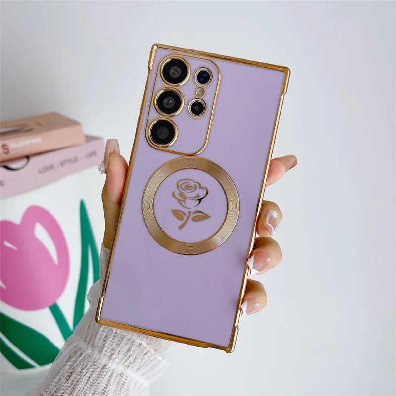 For Samsung Galaxy S25 Ultra Magnetic Case Rose Flower Electroplated TPU Phone Cover - Purple