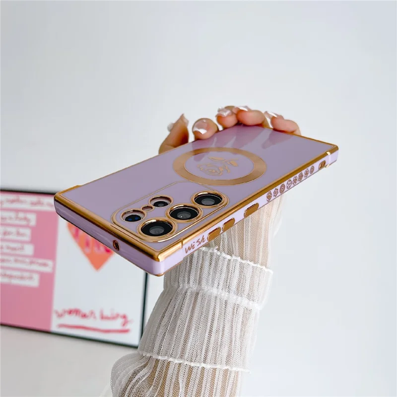 For Samsung Galaxy S25 Ultra Magnetic Case Rose Flower Electroplated TPU Phone Cover - Purple