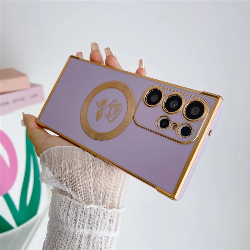 For Samsung Galaxy S25 Ultra Magnetic Case Rose Flower Electroplated TPU Phone Cover - Purple