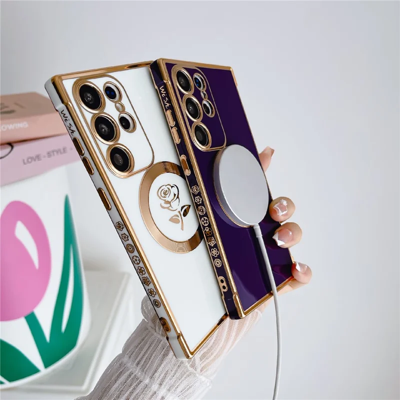 For Samsung Galaxy S25 Ultra Magnetic Case Rose Flower Electroplated TPU Phone Cover - Purple