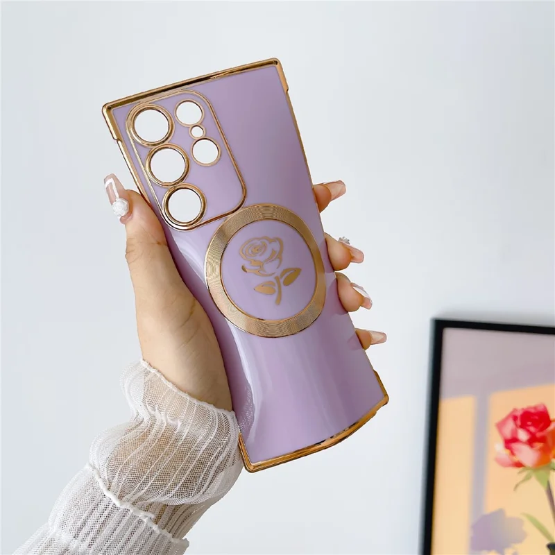 For Samsung Galaxy S25 Ultra Magnetic Case Rose Flower Electroplated TPU Phone Cover - Purple