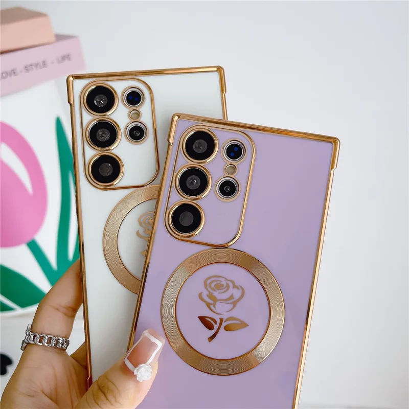 For Samsung Galaxy S25 Ultra Magnetic Case Rose Flower Electroplated TPU Phone Cover - Purple