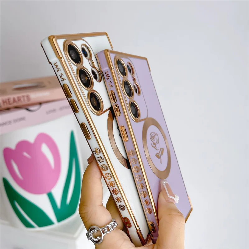 For Samsung Galaxy S25 Ultra Magnetic Case Rose Flower Electroplated TPU Phone Cover - Purple