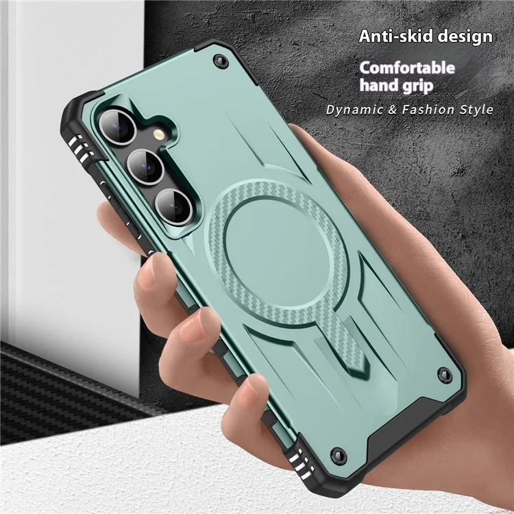 Для чехла Samsung Galaxy S25 / S24, совместимого с MagSafe, с воздушными подушками в четырех углах, ПК + TPU - темно-зеленый