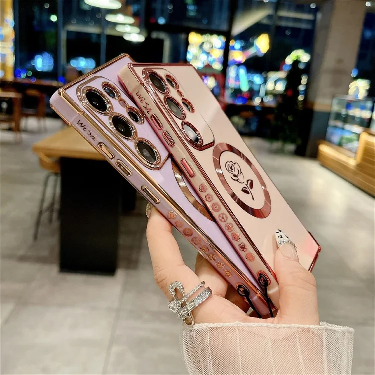Capa Magnética para Samsung Galaxy S25 Ultra com Alça Flor de Rosa Revestimento TPU Eletrolítico - Branco Marfim