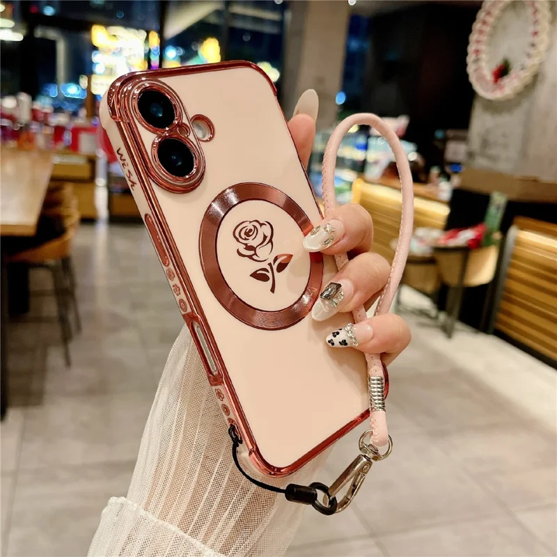For iPhone 16 Magnetic Case with Strap Rose Flower Electroplated TPU Phone Cover - Rose Pink