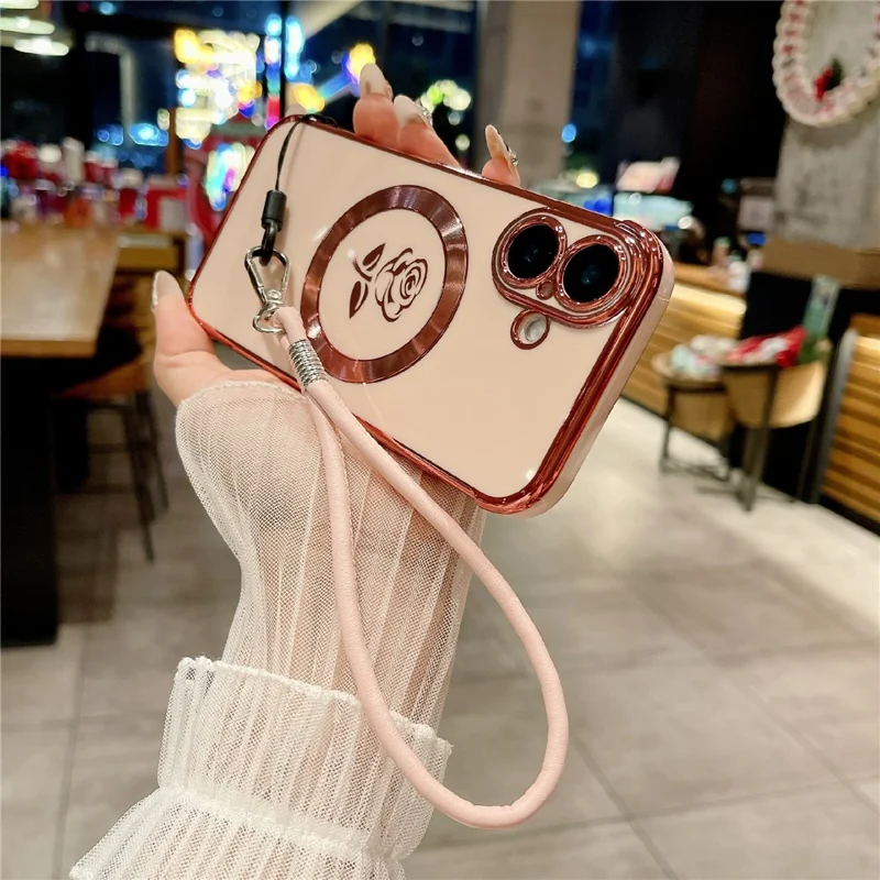 For iPhone 16 Magnetic Case with Strap Rose Flower Electroplated TPU Phone Cover - Rose Pink