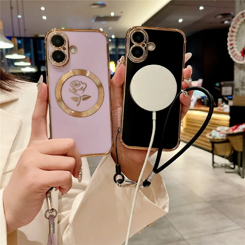 For iPhone 16 Magnetic Case with Strap Rose Flower Electroplated TPU Phone Cover - Rose Pink