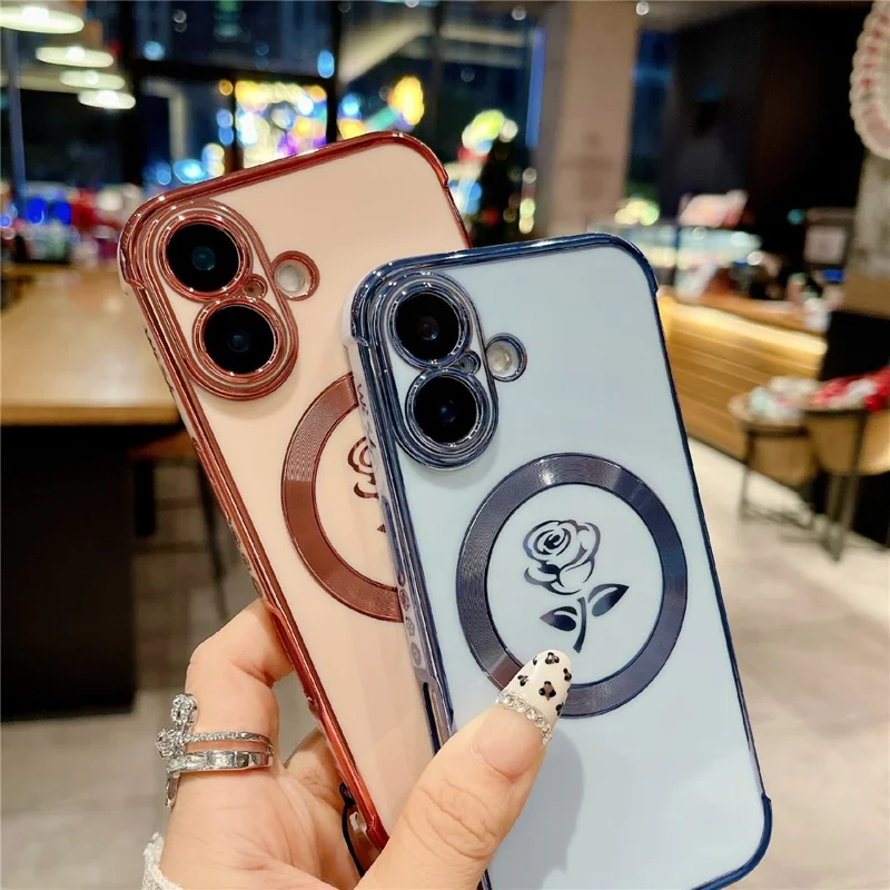For iPhone 16 Magnetic Case with Strap Rose Flower Electroplated TPU Phone Cover - Rose Pink