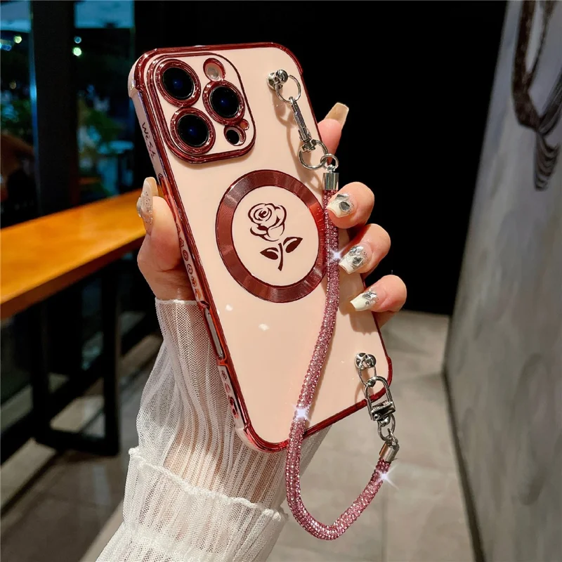 For iPhone 16 Pro Max Magnetic Case with Rhinestones Strap Rose Flower Electroplated TPU Phone Cover - Rose Pink