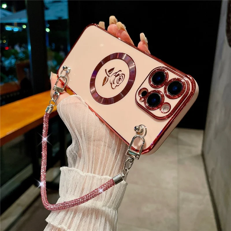 For iPhone 16 Pro Max Magnetic Case with Rhinestones Strap Rose Flower Electroplated TPU Phone Cover - Rose Pink