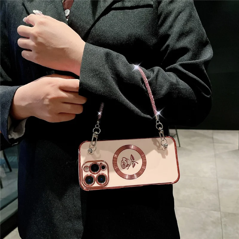 For iPhone 16 Pro Max Magnetic Case with Rhinestones Strap Rose Flower Electroplated TPU Phone Cover - Rose Pink