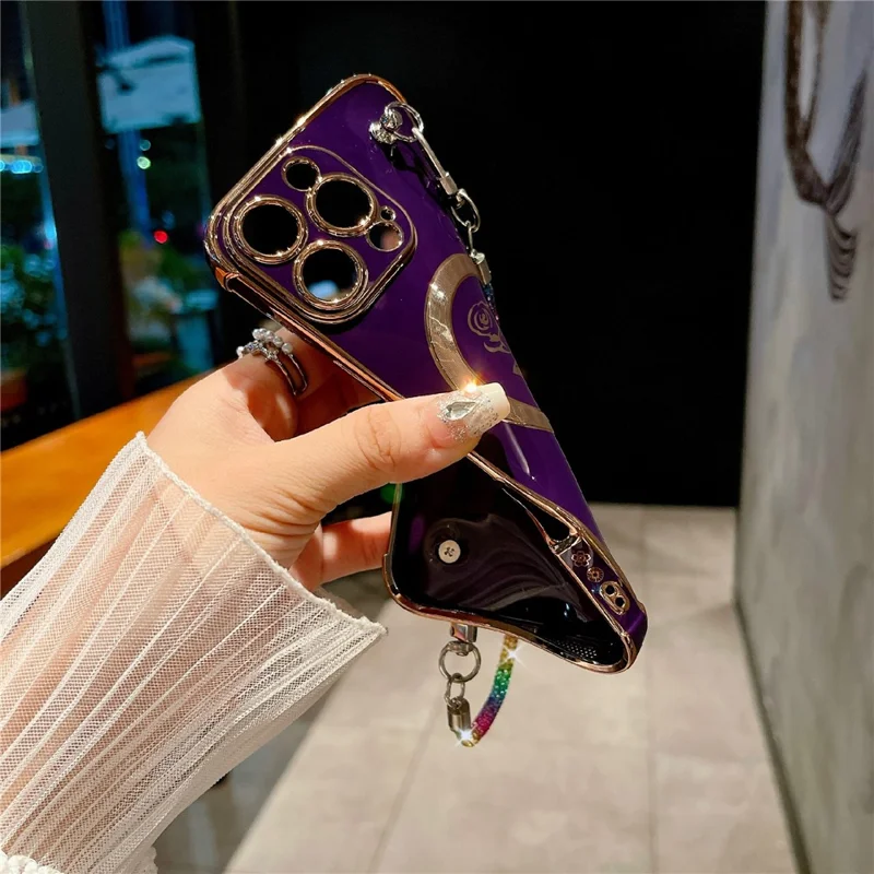 For iPhone 16 Pro Max Magnetic Case with Rhinestones Strap Rose Flower Electroplated TPU Phone Cover - Rose Pink