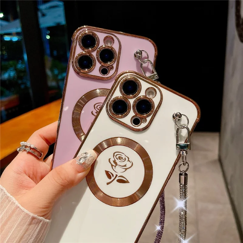 For iPhone 16 Pro Max Magnetic Case with Rhinestones Strap Rose Flower Electroplated TPU Phone Cover - Rose Pink