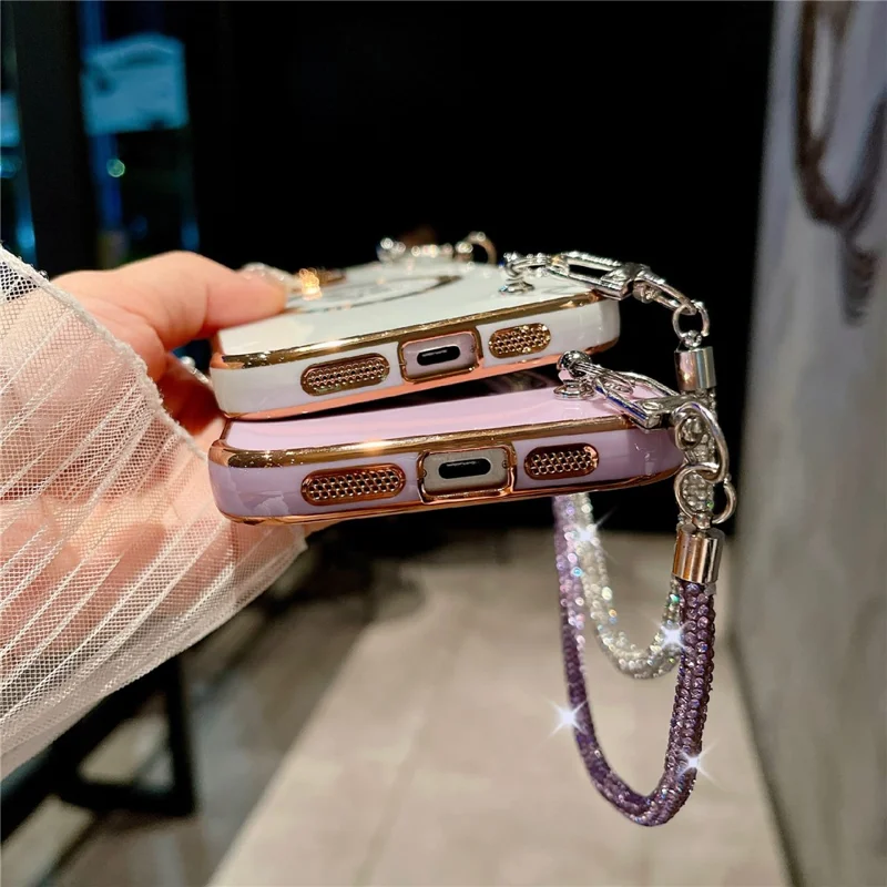 For iPhone 16 Pro Max Magnetic Case with Rhinestones Strap Rose Flower Electroplated TPU Phone Cover - Rose Pink