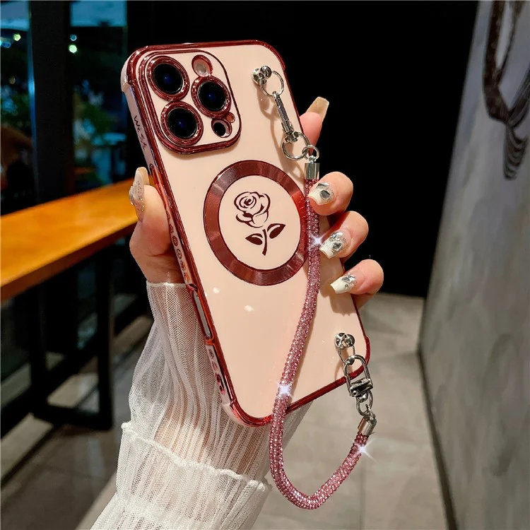 For iPhone 16 Pro Magnetic Case with Rhinestones Strap Rose Flower Electroplated TPU Phone Cover - Rose Pink