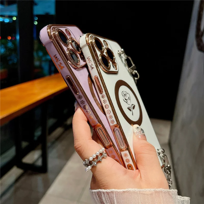 For iPhone 16 Pro Magnetic Case with Rhinestones Strap Rose Flower Electroplated TPU Phone Cover - Rose Pink