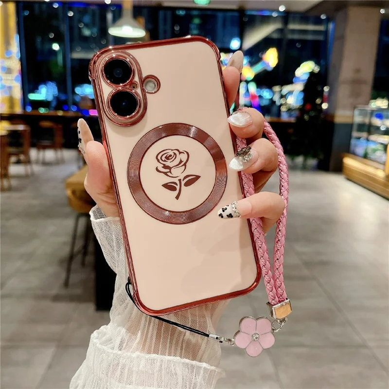 For iPhone 16 Magnetic Case with Braided Strap Rose Flower Electroplated TPU Phone Cover - Rose Pink