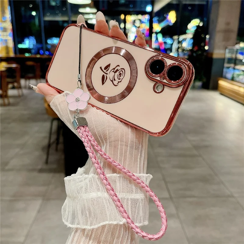 For iPhone 16 Magnetic Case with Braided Strap Rose Flower Electroplated TPU Phone Cover - Rose Pink