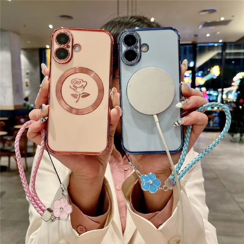 For iPhone 16 Magnetic Case with Braided Strap Rose Flower Electroplated TPU Phone Cover - Rose Pink