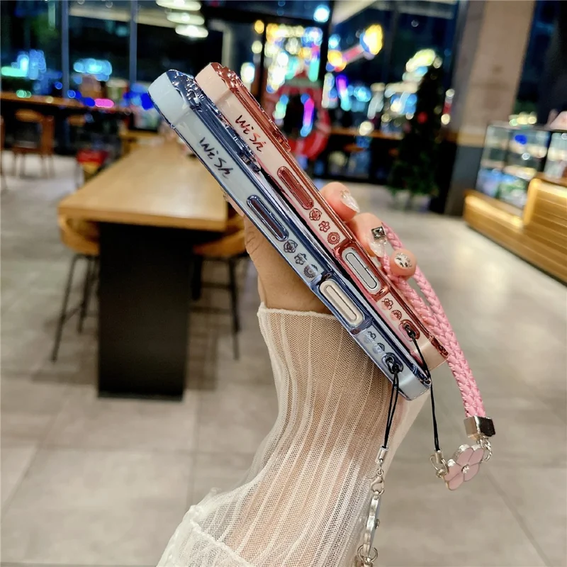 For iPhone 16 Magnetic Case with Braided Strap Rose Flower Electroplated TPU Phone Cover - Rose Pink