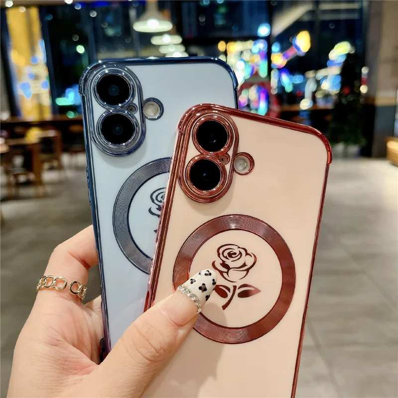 For iPhone 16 Magnetic Case with Braided Strap Rose Flower Electroplated TPU Phone Cover - Rose Pink