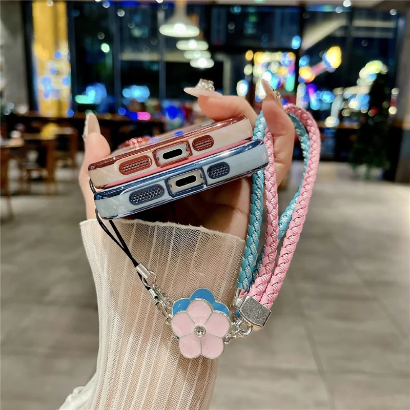 For iPhone 16 Magnetic Case with Braided Strap Rose Flower Electroplated TPU Phone Cover - Rose Pink