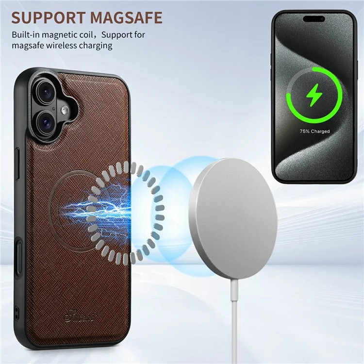 SUTENI H20 For iPhone 16 Plus Magnetic Case Cross Texture Phone Back Cover with Detachable Card Holder - Brown