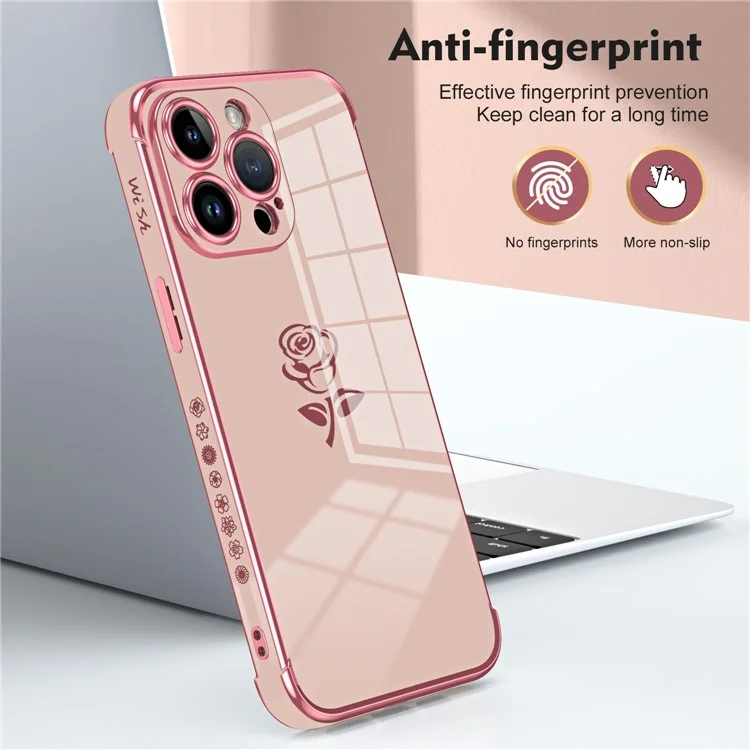 For iPhone 15 Pro Max Case Electroplating Edge Rose Pattern TPU Phone Back Cover Airbag Drop Proof - Rose Pink