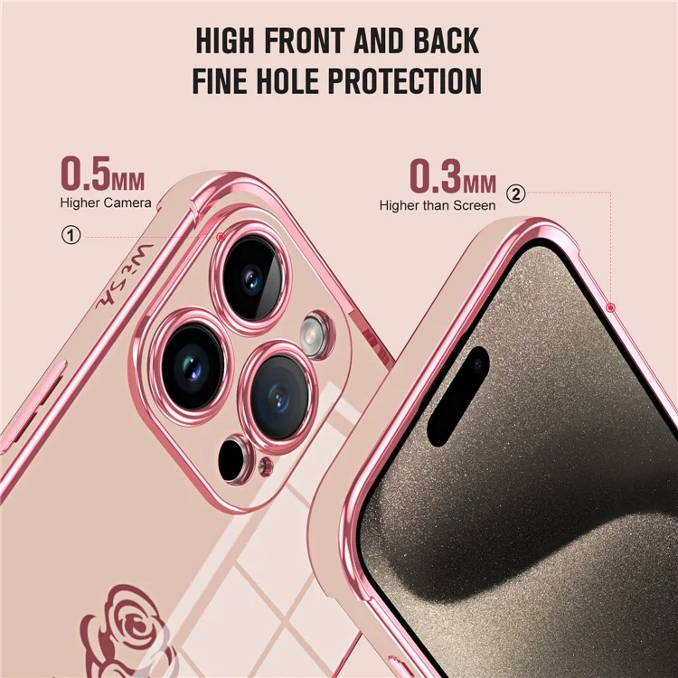 For iPhone 15 Pro Max Case Electroplating Edge Rose Pattern TPU Phone Back Cover Airbag Drop Proof - Rose Pink