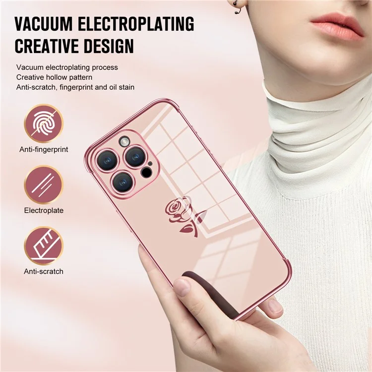 For iPhone 15 Pro Max Case Electroplating Edge Rose Pattern TPU Phone Back Cover Airbag Drop Proof - Rose Pink