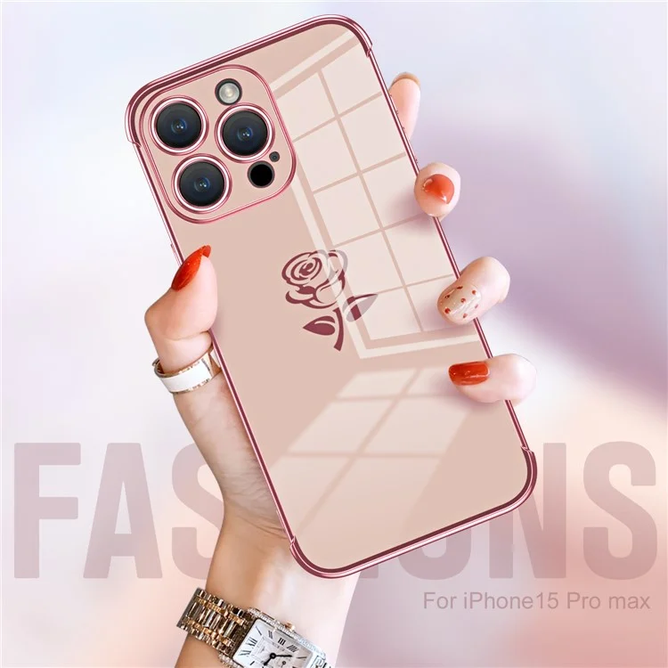 For iPhone 15 Pro Max Case Electroplating Edge Rose Pattern TPU Phone Back Cover Airbag Drop Proof - Rose Pink