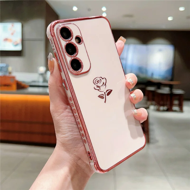 For Samsung Galaxy S25+ Case Electroplating Edge Rose Pattern TPU Phone Back Cover Airbag Drop Proof - Rose Pink