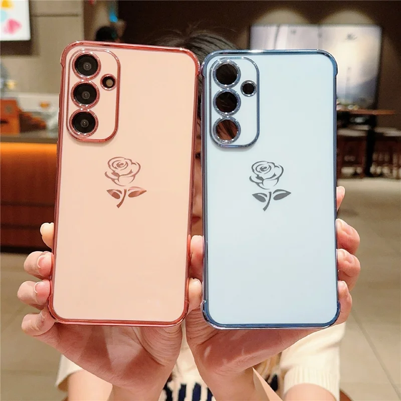 For Samsung Galaxy S25+ Case Electroplating Edge Rose Pattern TPU Phone Back Cover Airbag Drop Proof - Rose Pink