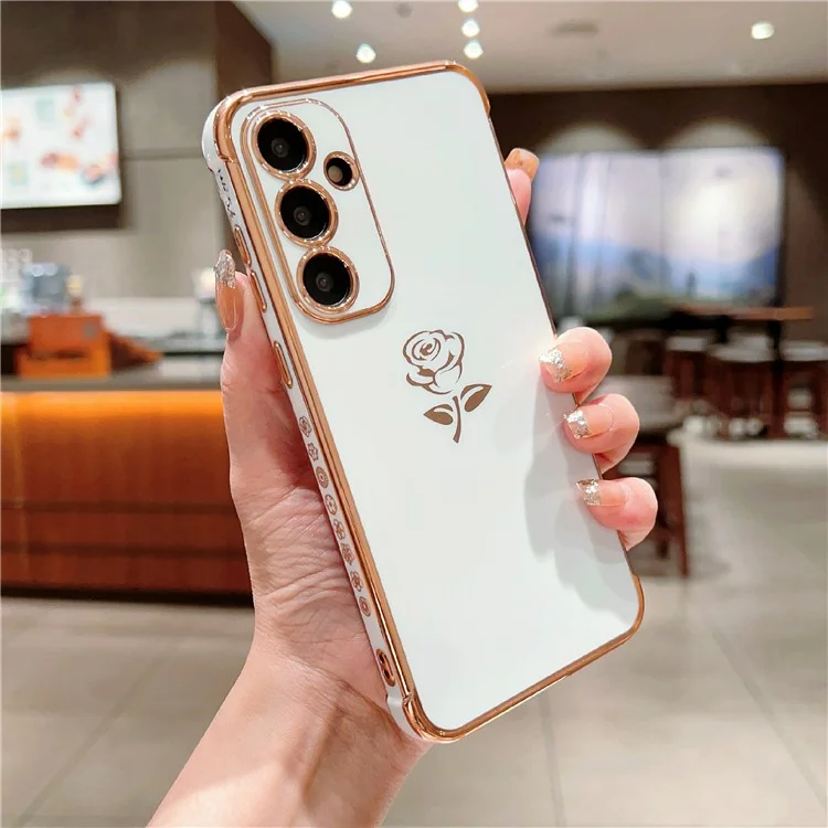 For Samsung Galaxy S25 Case Electroplating Edge Rose Pattern TPU Phone Back Cover Airbag Drop Proof - Ivory White