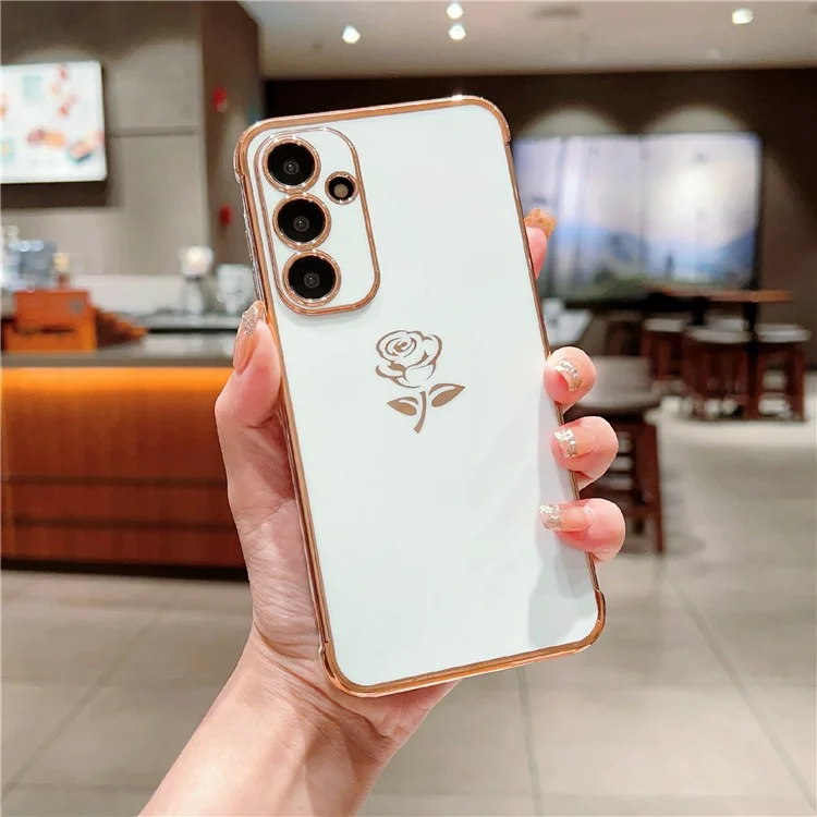 For Samsung Galaxy S25 Case Electroplating Edge Rose Pattern TPU Phone Back Cover Airbag Drop Proof - Ivory White