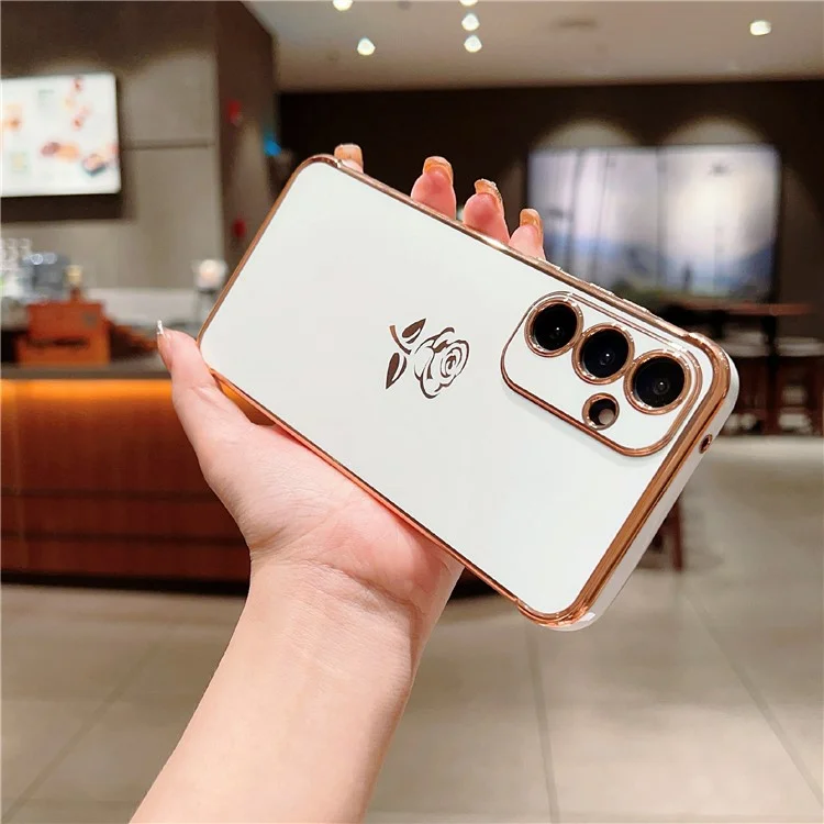 For Samsung Galaxy S25 Case Electroplating Edge Rose Pattern TPU Phone Back Cover Airbag Drop Proof - Ivory White