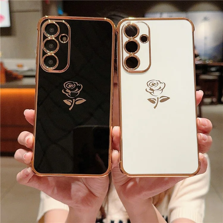 For Samsung Galaxy S25 Case Electroplating Edge Rose Pattern TPU Phone Back Cover Airbag Drop Proof - Ivory White