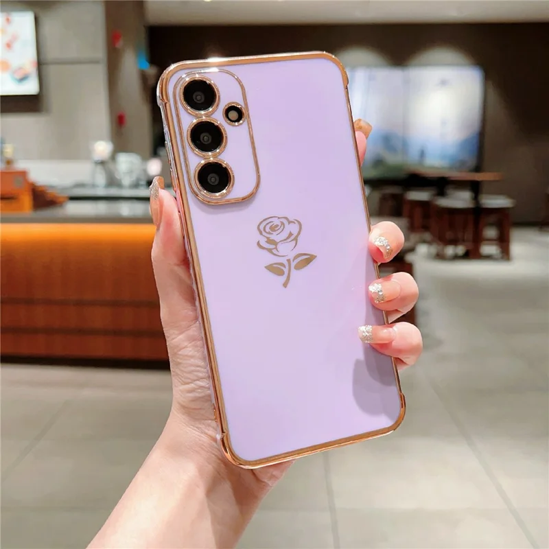 For Samsung Galaxy A55 5G Case Electroplating Edge Rose Pattern TPU Phone Back Cover Airbag Drop Proof - Purple
