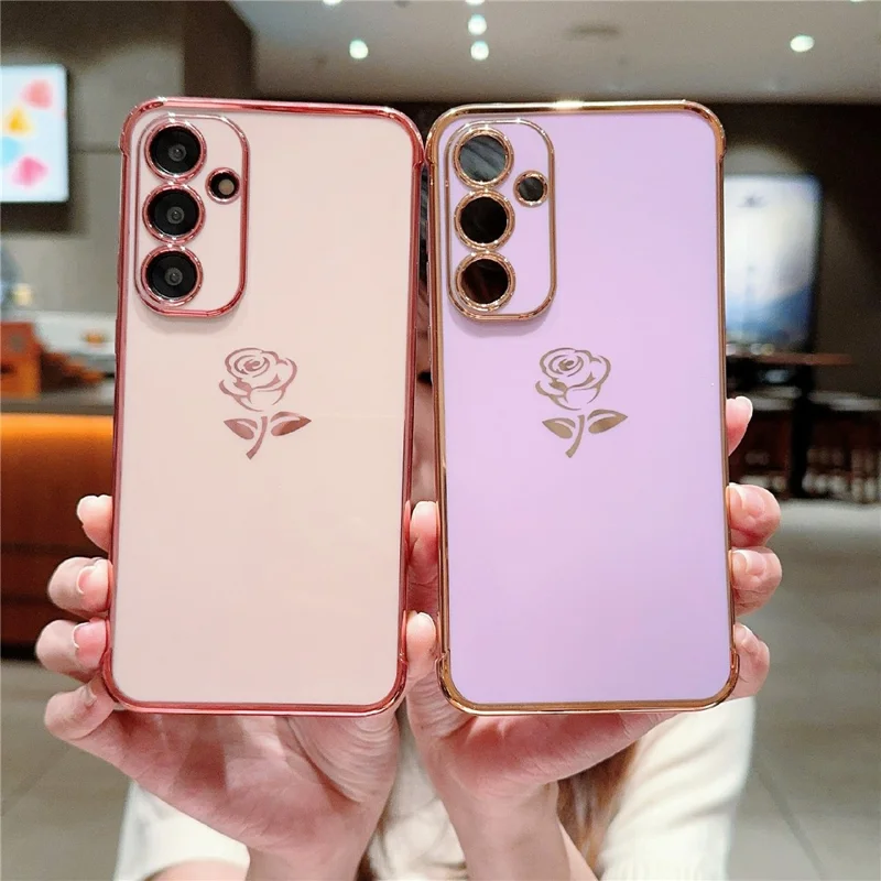 For Samsung Galaxy A55 5G Case Electroplating Edge Rose Pattern TPU Phone Back Cover Airbag Drop Proof - Purple