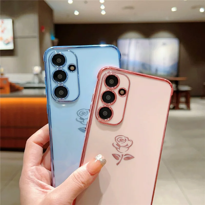 For Samsung Galaxy A55 5G Case Electroplating Edge Rose Pattern TPU Phone Back Cover Airbag Drop Proof - Purple