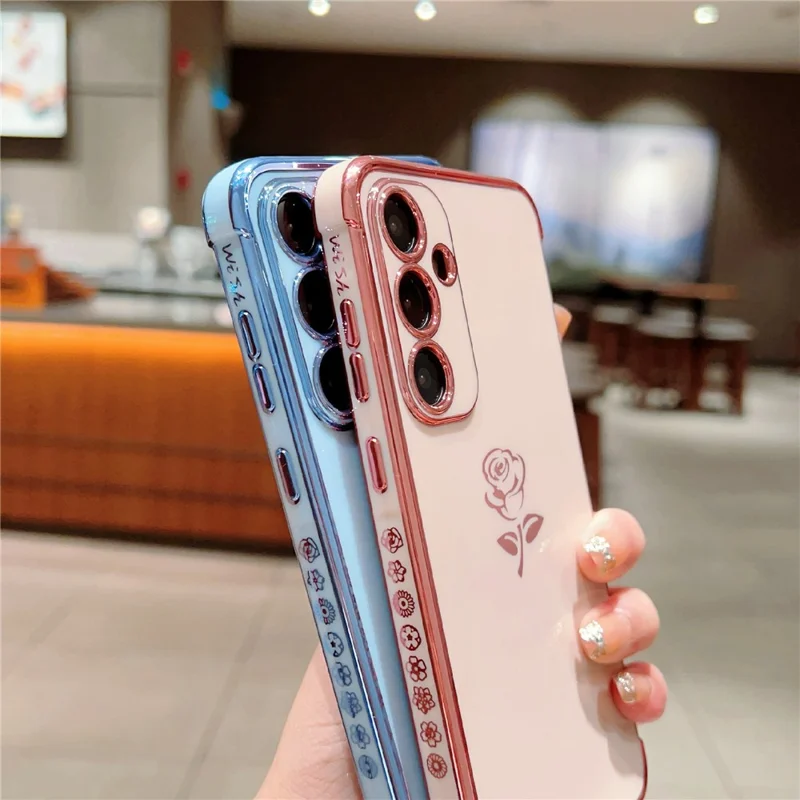 For Samsung Galaxy A55 5G Case Electroplating Edge Rose Pattern TPU Phone Back Cover Airbag Drop Proof - Purple