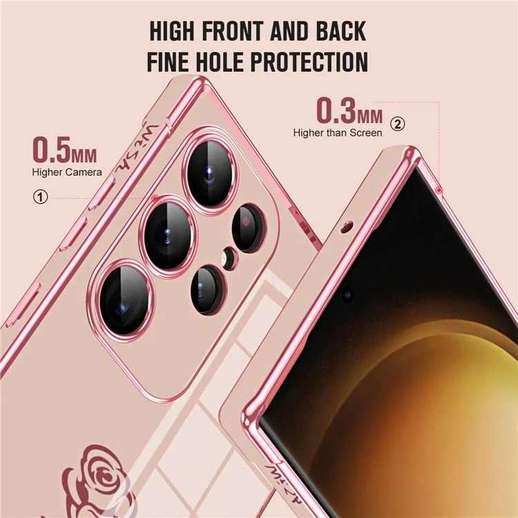 For Samsung Galaxy S24 Ultra Case Electroplating Edge Rose Pattern TPU Phone Back Cover Airbag Drop Proof - Rose Pink