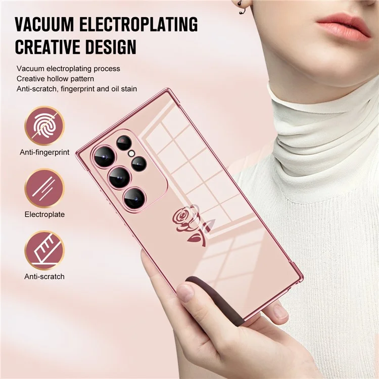 For Samsung Galaxy S24 Ultra Case Electroplating Edge Rose Pattern TPU Phone Back Cover Airbag Drop Proof - Rose Pink