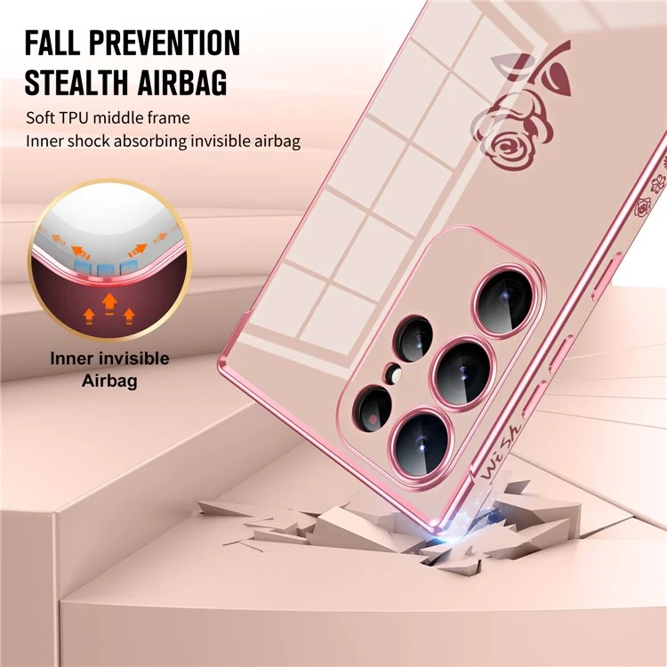 For Samsung Galaxy S24 Ultra Case Electroplating Edge Rose Pattern TPU Phone Back Cover Airbag Drop Proof - Rose Pink