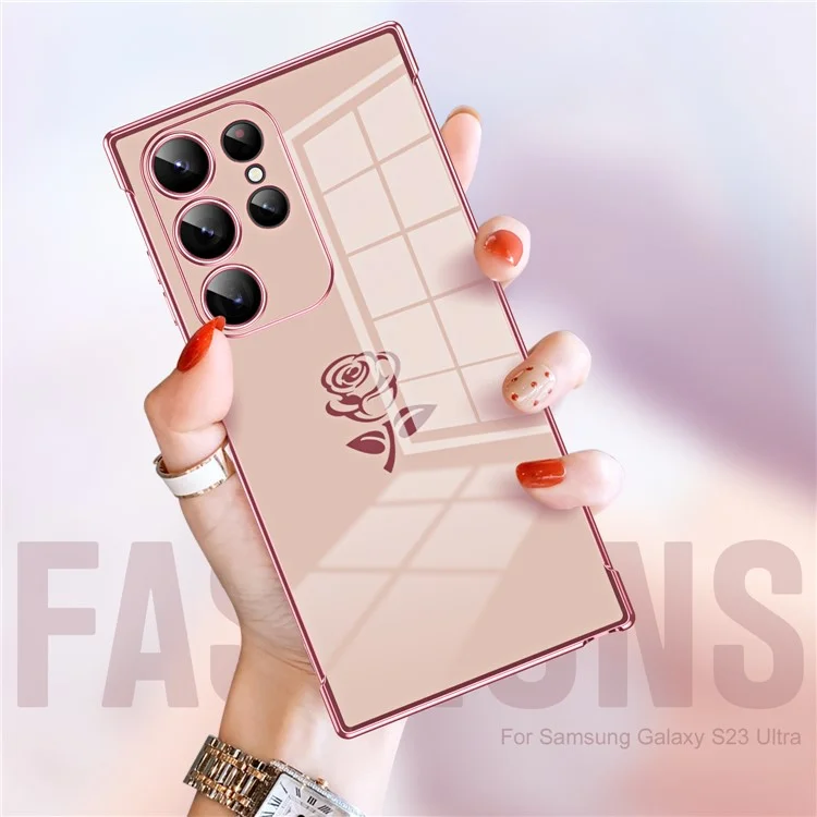 For Samsung Galaxy S24 Ultra Case Electroplating Edge Rose Pattern TPU Phone Back Cover Airbag Drop Proof - Rose Pink
