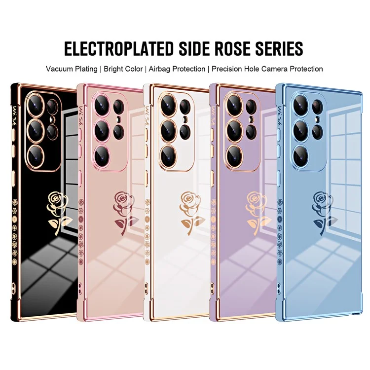 For Samsung Galaxy S24 Ultra Case Electroplating Edge Rose Pattern TPU Phone Back Cover Airbag Drop Proof - Rose Pink
