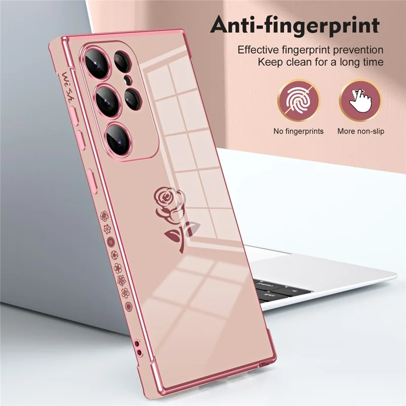 For Samsung Galaxy S24 Ultra Case Electroplating Edge Rose Pattern TPU Phone Back Cover Airbag Drop Proof - Purple